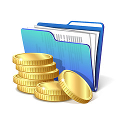 Image showing Stack of gold coins next to folder with documents