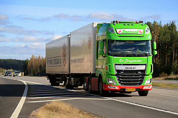 Image showing Lime Green DAF XF Full Trailer Truck on Motorway