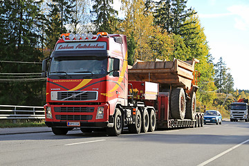 Image showing Volvo Truck Hauls Construction Machinery as Wide Load 