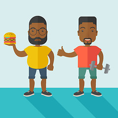 Image showing Men standing with hamburger and dumbbell.