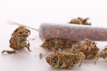 Image showing Close up of dried marijuana leaves and joint
