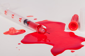 Image showing Syringe Squirting Red Blood onto White Background