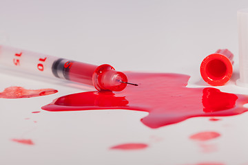 Image showing Syringe Squirting Red Blood onto White Background