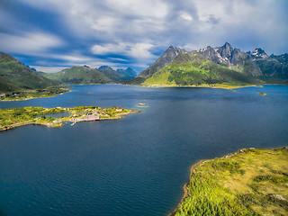 Image showing Fjord with church on Lofoten