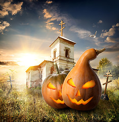 Image showing Pumpkins on churchyard