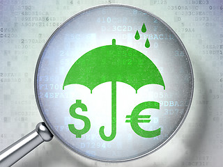 Image showing Security concept: Money And Umbrella with optical glass on digital background