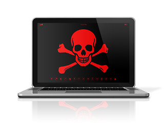 Image showing Laptop with a pirate symbol on screen. Hacker concept