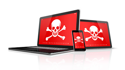 Image showing Laptop tablet pc and smartphone with pirate symbols on screen. H