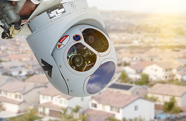 Image showing Closeup of Drone Camera and Sensor Pod Module Above Neighborhood