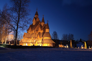 Image showing Heddal Stave church by night