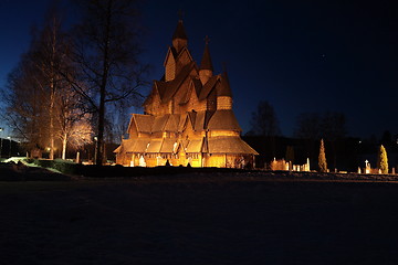 Image showing Heddal Stave church at night