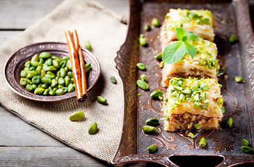 Image showing Turkish nut and phyllo pastry dessert, baklava