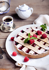 Image showing Linzer tart torte with fresh raspberry