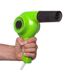 Image showing Old green hairdryer in hand