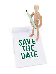 Image showing Wooden mannequin writing - Save the date