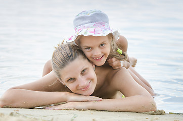 Image showing Happy mother and daughter on the banks of the river