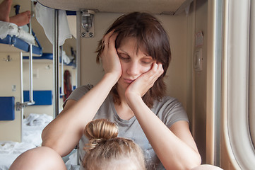 Image showing Young girl asleep sitting in the second-class train carriage