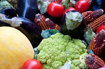 Image showing Group of fruit and vegetables made up of tomatoes, eggplants, ca