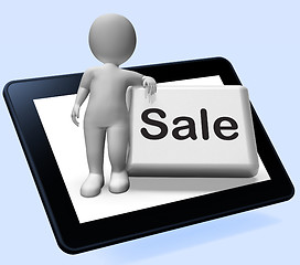 Image showing Sales Button With Character Tablet Shows Promotions And Deals