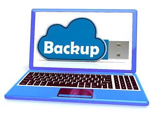 Image showing Backup Memory Stick Laptop Shows Files And Cloud Storage