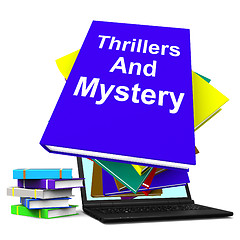 Image showing Thrillers and Mystery Book Laptop Shows Genre Fiction Books