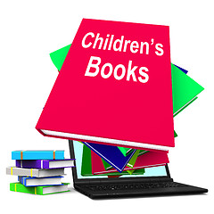 Image showing Children\'s Books Book Stack Laptop Shows Reading For Kids