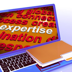 Image showing Expertise Word Cloud Laptop Shows Skills Proficiency And Capabil