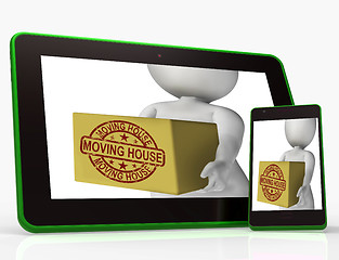 Image showing Moving House Boxes Tablet Mean Buying New Home And Relocating