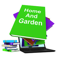 Image showing Home And Garden Book Stack Laptop Shows Books On Household Garde