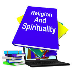 Image showing Religion And Spirituality Book Laptop Stack Shows Religious Spir