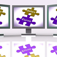 Image showing Dollars Euros Puzzle Screen Means International Money Exchange