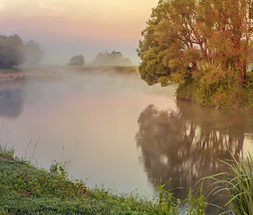 Image showing Early foggy morning and a small river.