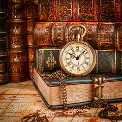 Image showing Old Books and Vintage pocket watch