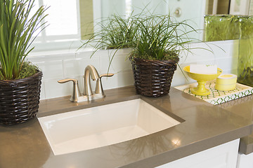 Image showing New Modern Bathroom Sink, Faucet, Subway Tiles and Counter 