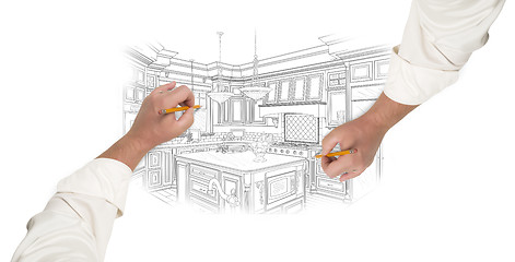 Image showing Two Male Hands Sketching Beautiful Custom Kitchen