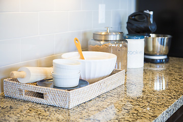 Image showing Marble Kitchen Counter Top, Subway Tile Backsplash and Baking Ac