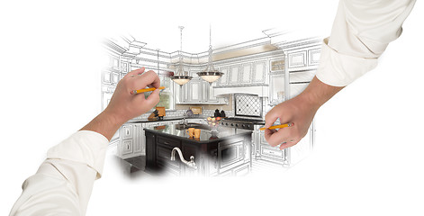 Image showing Two Male Hands Sketching Custom Kitchen with Photo Showing Throu