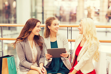 Image showing happy young women with tablet pc and shopping bags