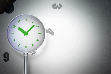 Image showing Timeline concept:  Clock with optical glass on digital background