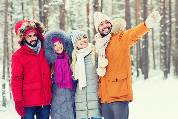 Image showing group of smiling men and women in winter forest