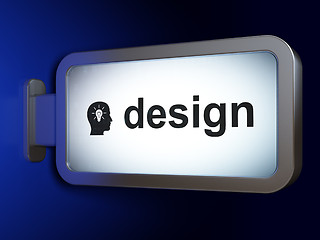 Image showing Advertising concept: Design and Head With Light Bulb on billboard background