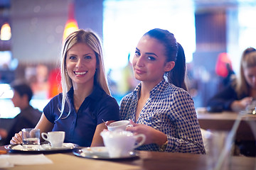 Image showing girls have cup of coffee in restaurant