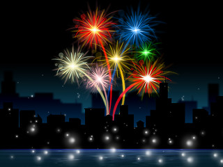 Image showing Fireworks Evening Shows Explosion Background And Buildings