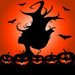 Image showing Woman Pumpkin Means Trick Or Treat And Bats