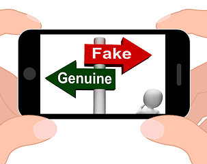 Image showing Fake Genuine Signpost Displays Authentic or Faked Product