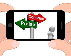 Image showing Condemn Praise Signpost Displays Appreciate or Blame