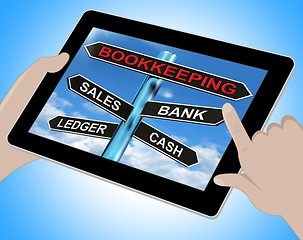 Image showing Bookkeeping Tablet Means Sales Ledger Bank And Cash
