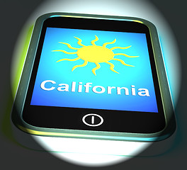 Image showing California And Sun On Phone Displays Great Weather In Golden Sta