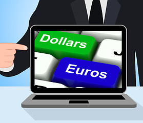 Image showing Dollar And Euros Keys Displays Foreign Currency Exchange Online