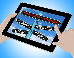 Image showing Financial Crisis Tablet Shows Recession Speculation Leverage And